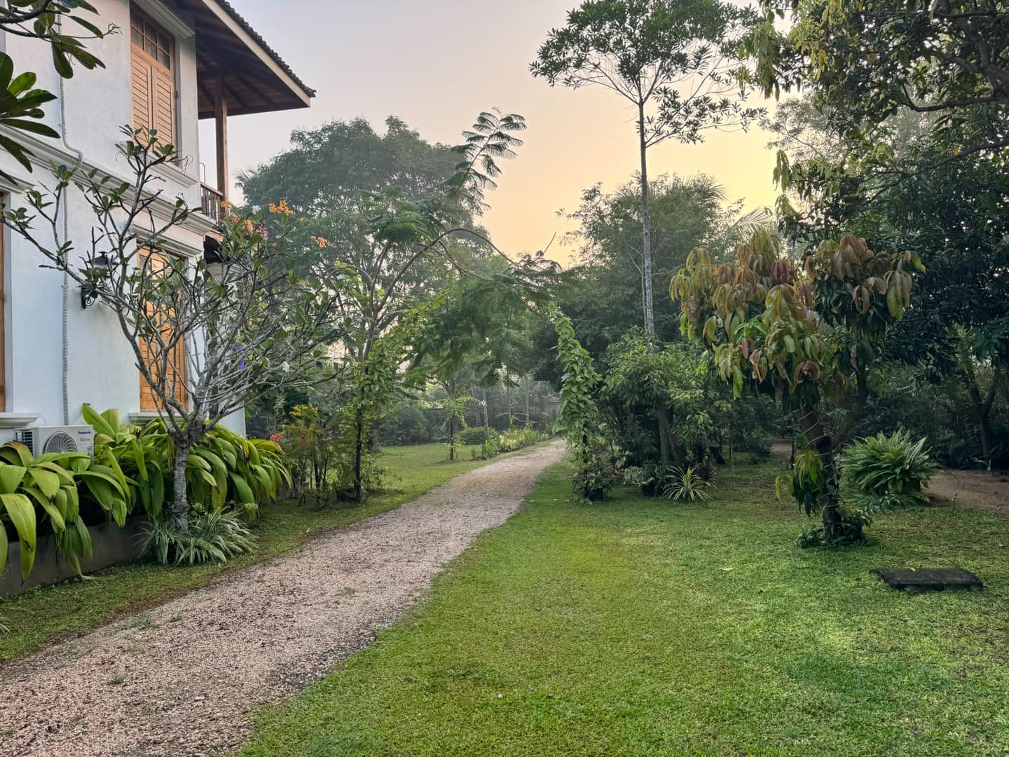 The garden path through the grounds at golden hour
